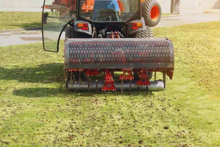 A compacted lawn is having plugs removed to help the soil breath.