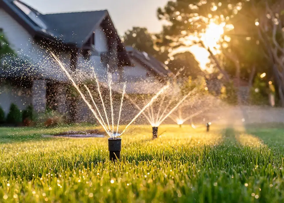 Lawn sprinklers popping up from a lush green yard, in front of a house in Cache Valley, UT.