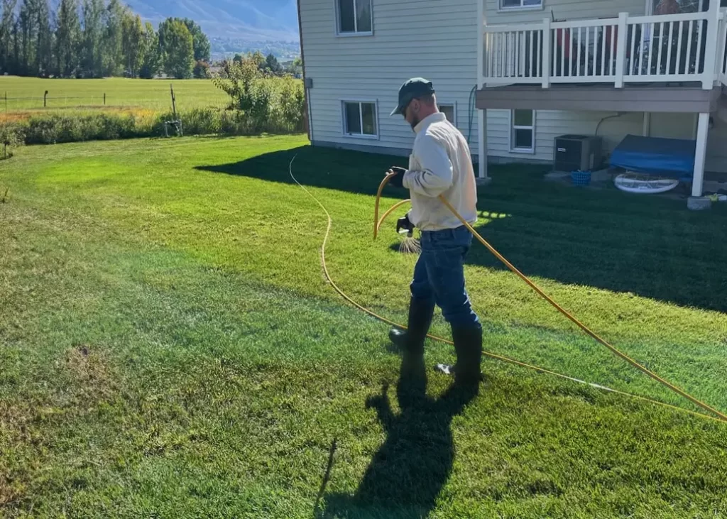 A lawn care technician, dressed in PPE is spraying a top dressing on a client's lawn.