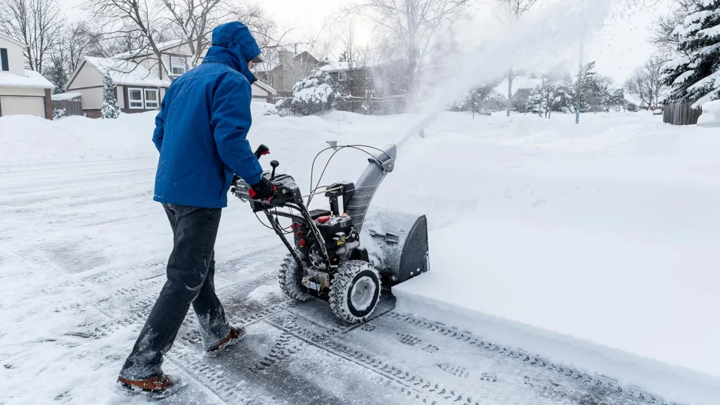 A worker using a snow blower removes snow from a residential lot.