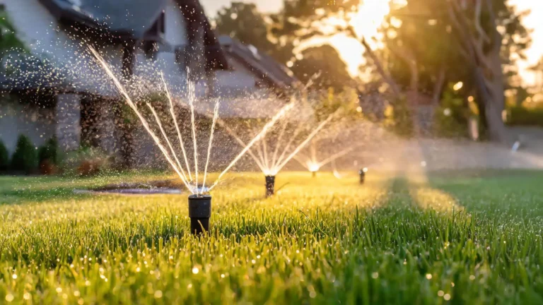 Lawn sprinklers popping up from a lush green yard, in front of a house in Cache Valley, UT.